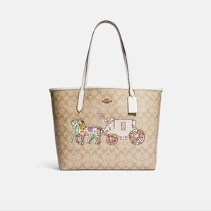 City Tote in Signature Canvas with Horse and Carriage Patchwork Graphic